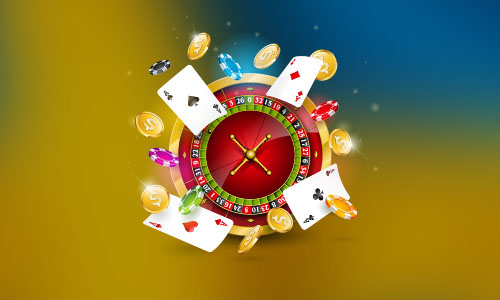Rouletthjul omgivet av spelkort, pengar och spelmarker